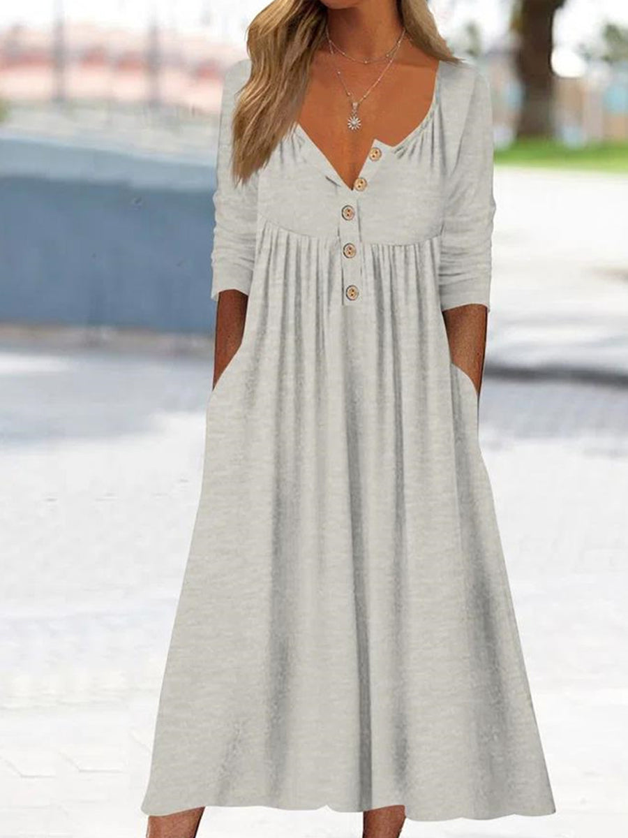 Chicmy- Casual Solid Color Button Long Sleeve Midi Dress