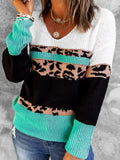 Chicmy-Women's Sweater Leopard Color Block V-Neck Rib-Knit Sweater