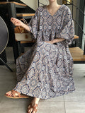Chicmy-Vintage Floral Printed V-Neck Pleated Puff Sleeves Midi Dress