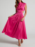 Chicmy-Belly-Hollow Pleated Solid Color Cap Sleeve Stand Collar Maxi Dresses