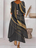 Chicmy- V-neck Loose Colorblock Print Holiday Long Sleeve Maxi Dress