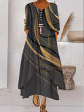 Chicmy- V-neck Loose Colorblock Print Holiday Long Sleeve Maxi Dress