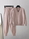 Chicmy-Casual Loose Harem Pants Solid Color V-Neck Sweater Tops Pants Two Pieces Set