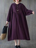 Chicmy-Pleated Solid Color Loose Puff Sleeves Stand Collar Midi Dresses