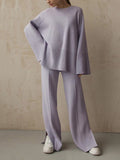 Chicmy-Casual Long Sleeves Loose Solid Color Round-Neck Sweater Tops & Wide Leg Pants Two Pieces Set