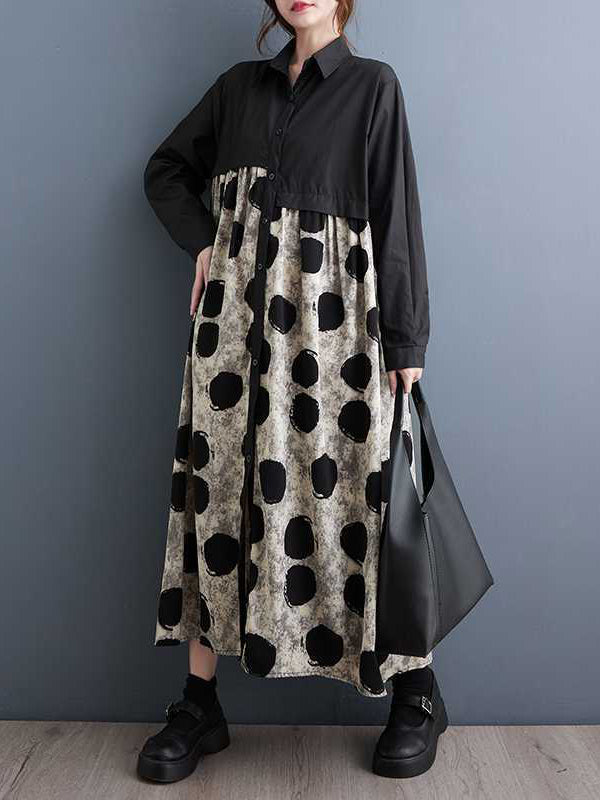 Chicmy-Asymmetric Buttoned Polka-Dot Split-Joint A-Line Long Sleeves Lapel Shirt Dress Midi Dresses