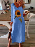 Chicmy- Sunflower Plant Printed Side Slit Long Sleeve Maxi Dress