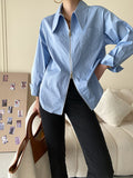 Chicmy-Fashion Long Sleeves Solid Color Zipper Lapel Collar Blouses