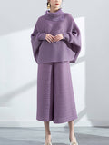 Chicmy-Simple Loose Long Sleeves Pleated Solid Color High-Neck T-Shirt Top&Wide Legs Pants Two Pieces Set