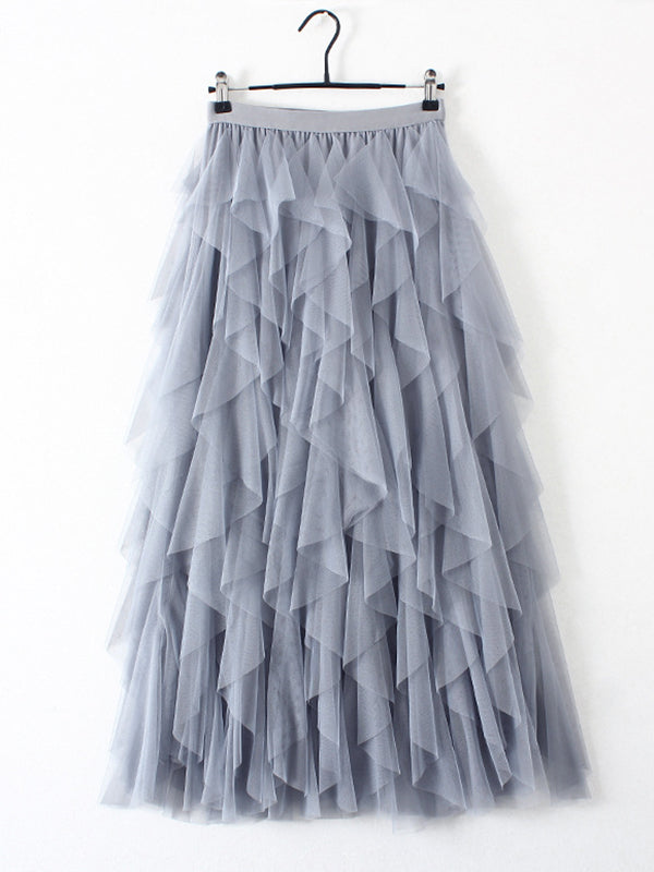 Chicmy-Original Irregular Mesh 4 Colors Falbala Pleated Elasticity Skirt