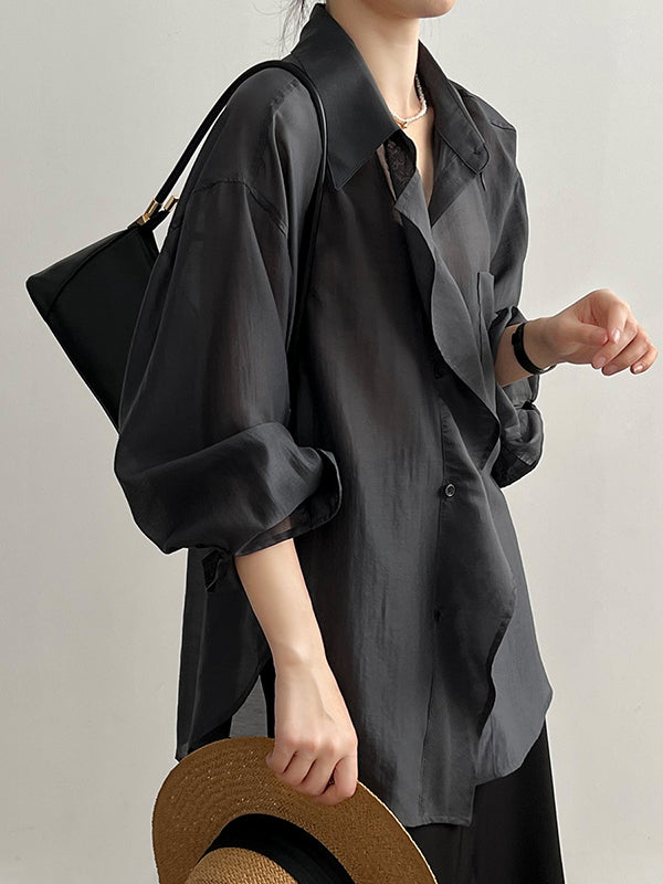 Chicmy-Solid Color Irregular clipping Long Sleeves Lapel Blouses&shirts Tops