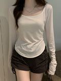 Chicmy-Solid Color Long Sleeves Skinny Square-Neck T-Shirts Tops