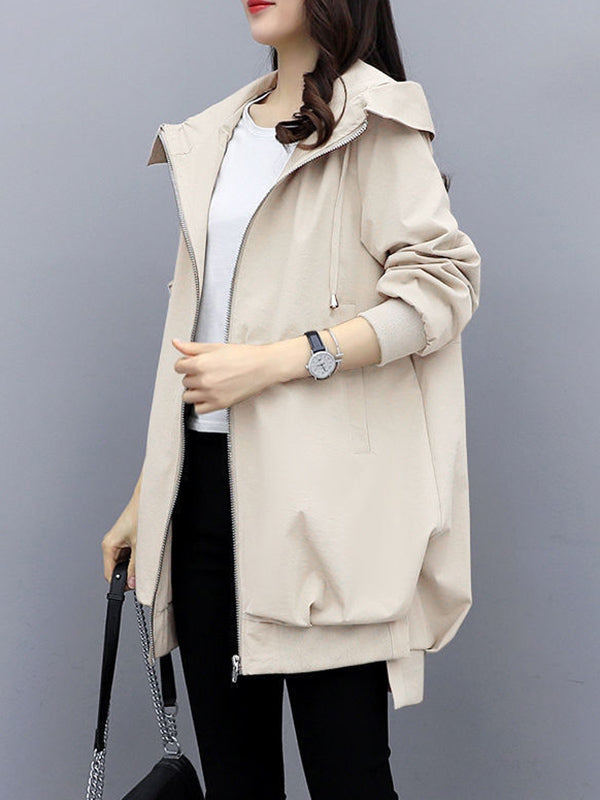Chicmy-Casual Loose 4 Colors Pleated Zipper Hooded Long Sleeves Outwear