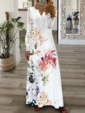 Chicmy- Round Neck Casual Loose Floral Print Lace Panel Long Sleeve Maxi Dress