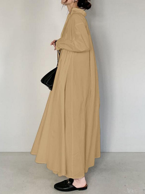 Chicmy-Solid Color Long Sleeves Loose Lapel Shirt Dress Maxi Dresses