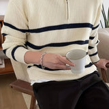 Chicmy  Striped Pattern Chic Sweater, Men's Casual Warm Slightly Stretch Lapel With Zipper Pullover Sweater For Fall Winter