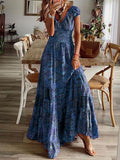 Chicmy- V-Neck Loose Elastic Waist Vintage Print Short Sleeve Maxi Dress