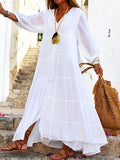 Chicmy- V-Neck Casual Loose Solid Color Vacation Long Sleeve Maxi Dress