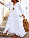 Chicmy- V-Neck Casual Loose Solid Color Vacation Long Sleeve Maxi Dress