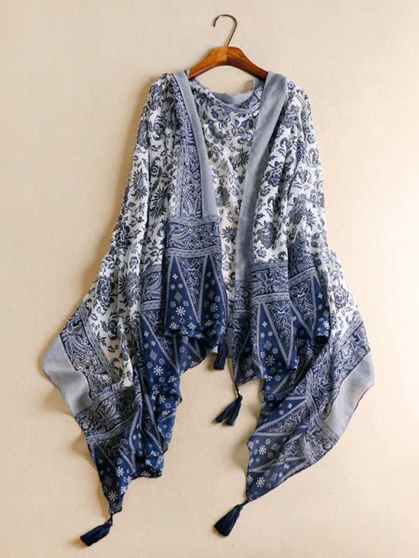 Chicmy-Printed Blue-And-White Sun-protection Tasseled Shawl&Scarf