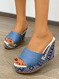 ChicmyBlue Denim Ethnic Color Pattern Wedge Sandals