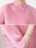 Chicmy-Vintage Loose Half Sleeves Buttoned Asymmetric Solid Color Stand Collar Blouses&Shirts Tops