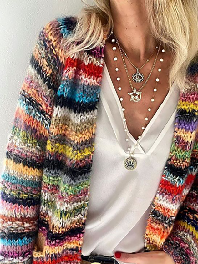 ChicmyWomen's Rainbow Striped Sweater Pocket Design Knit Cardigan
