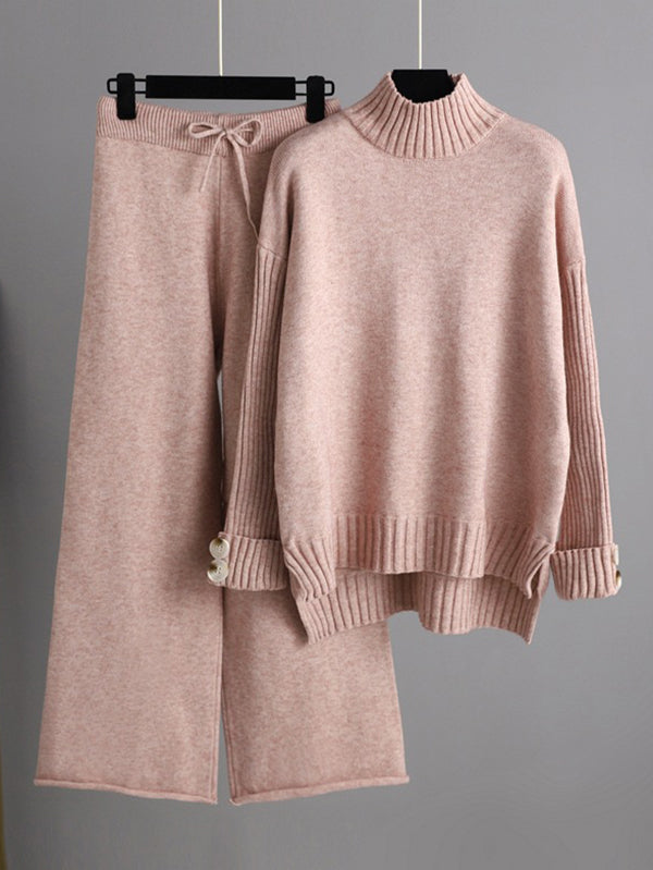 Chicmy-Urban Long Sleeves Solid Color Half Turtleneck Sweater Tops & Wide Leg Pants Two Pieces Set