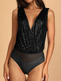 Chicmy-High-Waisted See-Through Sequined Split-Joint Skinny Sleeveless V-Neck Bodysuits
