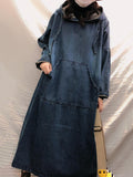 Chicmy-Vintage Loose Denim Drawstring Hooded Midi Dress