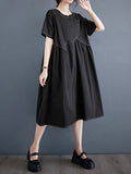 Chicmy-Asymmetric Pleated Pockets Solid Color Split-Joint A-line Loose Round-neck Midi Dresses