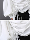 Chicmy-Drawstring Cropped Loose Stand Collar Shirt