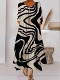 Chicmy- V-neck Loose Colorblock Print Holiday Long Sleeve Maxi Dress