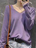 Chicmy-Simple Solid Color V-Neck Long Sleeve Knitwear Tops