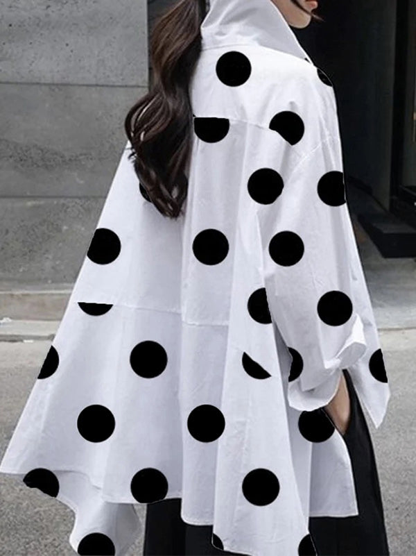 Chicmy-Fashion Buttoned High-Low Polka-Dot Split-Side Lapel Long Sleeves Blouse