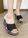 ChicmyBlue Denim Ethnic Color Pattern Wedge Sandals