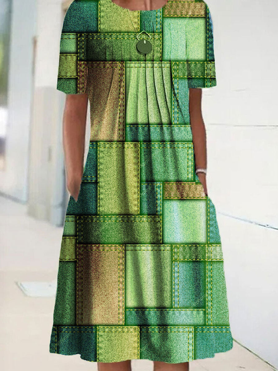 Chicmy- Round Neck Casual Loose Geometric Print Short Sleeve Midi Dress