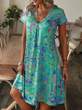 Chicmy- V-neck Loose Floral Print Vacation Short Sleeve Short Dress