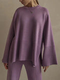 Chicmy-Casual Long Sleeves Loose Solid Color Round-Neck Sweater Tops & Wide Leg Pants Two Pieces Set