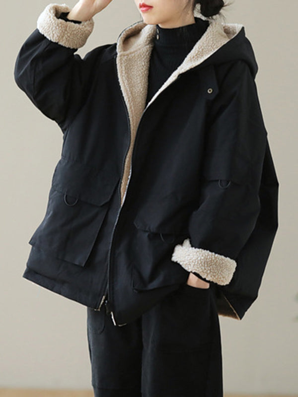 Chicmy-Artistic Retro Long Sleeves Loose Keep Warm Fleece Lining Zipper Hooded Outerwear