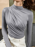 Chicmy-Urban Solid Color Ruffled Long Sleeves High-Neck T-Shirt