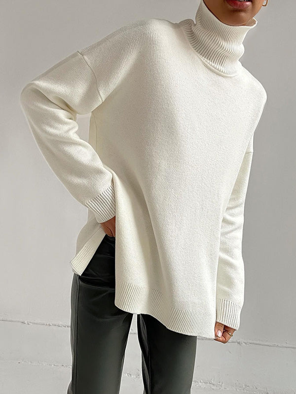 Chicmy-Casual Loose Long Sleeves Split-Side Solid Color High-Neck Sweater Tops