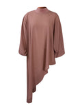 Chicmy-Loose See-Through Long Sleeves Asymmetric Solid Color High-Neck T-Shirts Tops