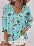 Chicmy-Buttoned Flower Print Long Sleeves Loose V-neck Blouses&shirts Tops