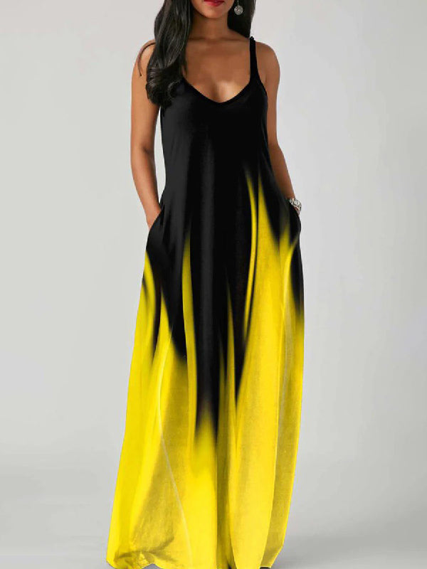 Chicmy-Loose Sleeveless Contrast Color Gradient Spaghetti-Neck Maxi Dresses