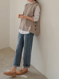 Chicmy-Fall Outfits Simple Sleeveless Loose Buttoned Solid Color Round-Neck Sweater Vest Outerwear