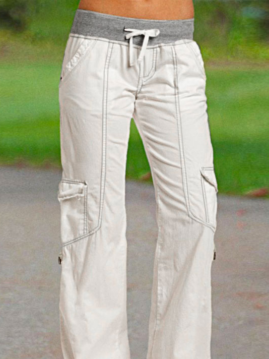 ChicmyLinen Loose Plain Casual Drawstring Flap Pocket Side Tie Hem Long Pants