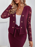 ChicmyLapel Collar Casual Loose Lace Sleeve Button Front Jacket & Tie Front Split Hem Skirt Without Cami Top Two-Piece Set