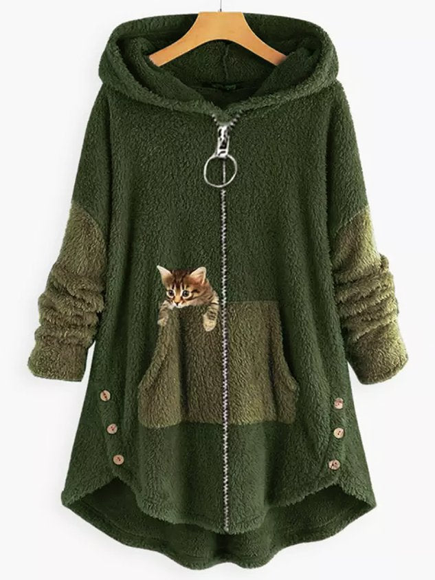 ChicmyWomen Color Block Fluff/Granular Fleece Fabric Cat Zipper Hooded Coat