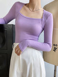 Chicmy-Simple Solid Color Square-Neck Long Sleeves False Two Base Shirt